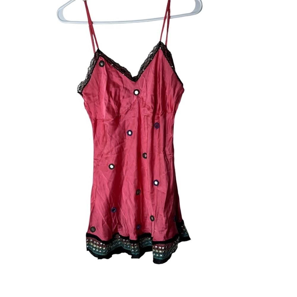 Y2K pink silk v neck camisole with lace, glass and stud details